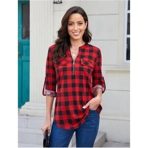 Siddhe Red Black Plaid Tunic 1/4 Zip V-Neck 3/4 Rolled Long Sleeve Top M